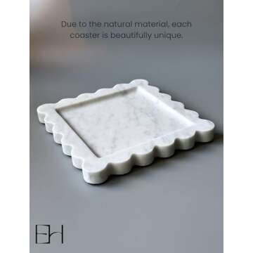Natural Marble Tray 8" with Scalloped Edge, Handmade Decorative Tray, Storage Tray for Counter, Dresser, Vanity, Jewelry, Nightstand & Desk Home Bathroom Decor (Calacatta White, Square)
