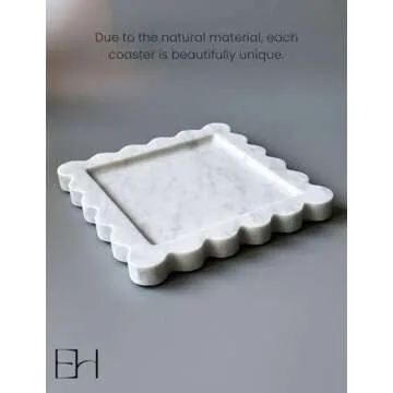 Natural Marble Tray 8" with Scalloped Edge, Handmade Decorative Tray, Storage Tray for Counter, Dresser, Vanity, Jewelry, Nightstand & Desk Home Bathroom Decor (Calacatta White, Square)
