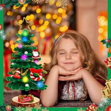 CraftiStar Kids Christmas Art & Craft Kit, Make Your Own Light Christmas Tree, DIY Christmas Tree Craft, Pipe Cleaner DIY Kit, Mini Christmas Tree with Lights for Teenager, Christmas Tree Ornaments