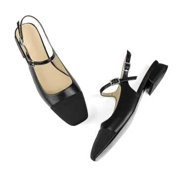 Dsevht Black Slingback Flats for Women Closed Square Toe Mary Jane Ballet Flats Casual Fashion Dress Shoes for Women