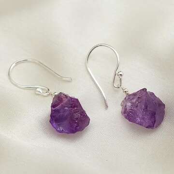 Gempires Raw Purple Amethyst Crystal Gemstone Earrings February Birthstone Jewelry Silver Plated Hyp...