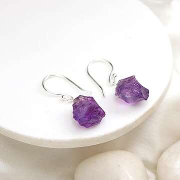 Gempires Raw Purple Amethyst Crystal Gemstone Earrings February Birthstone Jewelry Silver Plated Hypoallergenic Earrings For Women (Amethyst)