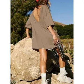 Dokuritu Womens Rompers for Summer Oversized Short Sleeve Round Neck Hot Shot Onesie Back V Neck Active Athletic Romper with Pockets, X-Large, Khaki