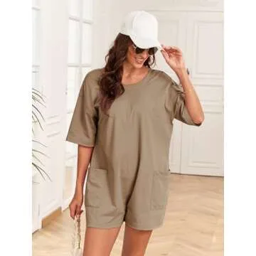 Dokuritu Womens Rompers for Summer Oversized Short Sleeve Round Neck Hot Shot Onesie Back V Neck Active Athletic Romper with Pockets, X-Large, Khaki