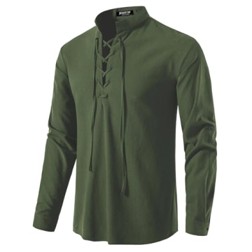JEMITOP Men's Vintage Renaissance Costume Long Sleeve Lace Up Shirt – Army Green