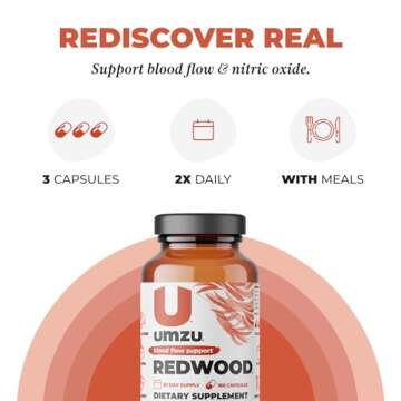UMZU Redwood Blood Flow Nitric Oxide Supplement for Men & Women, Blood Pressure, Circulation, Stamina, Energy (30 Day Supply | 180 Capsules)
