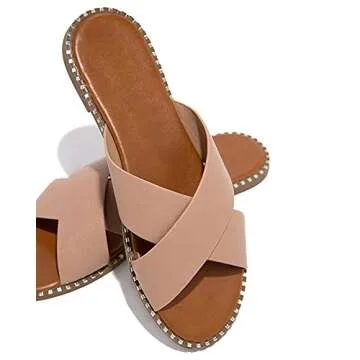 JeimPoey Womens Open Toe Slides Flat Sandals Studded Slip on Crossed Strap Beach Slipper