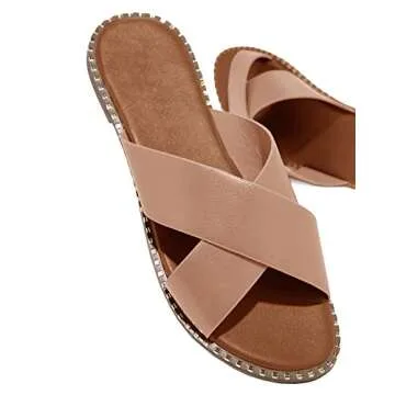 JeimPoey Womens Open Toe Slides Flat Sandals Studded Slip on Crossed Strap Beach Slipper