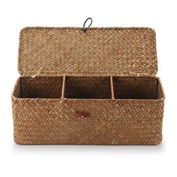 DOKOT Woven Seagrass Storage Basket with Lid for Organizing
