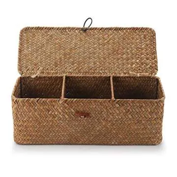 DOKOT Woven Seagrass Storage Basket with Lid for Organizing