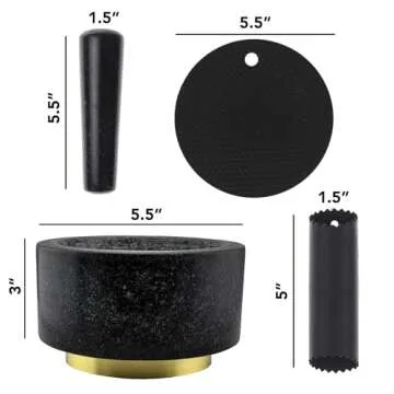 Mortar and Pestle Set 100% Natural Heavy Granite 5.5 inch 2 Cups Capacity - Solid Stone Grinder Pestle and Mortar Bowl - with Silicone Garlic Peeler and Mat - Guacamole Mortar & Pestles Set Large