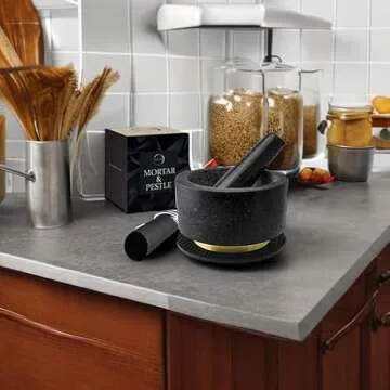 Mortar and Pestle Set 100% Natural Heavy Granite 5.5 inch 2 Cups Capacity - Solid Stone Grinder Pestle and Mortar Bowl - with Silicone Garlic Peeler and Mat - Guacamole Mortar & Pestles Set Large