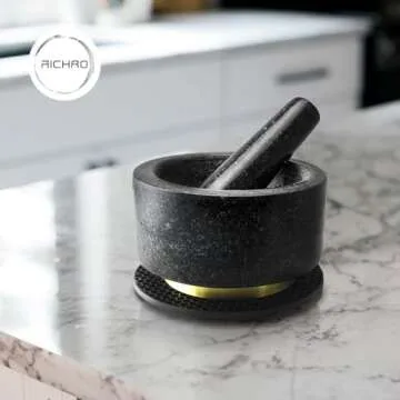 Mortar and Pestle Set 100% Natural Heavy Granite 5.5 inch 2 Cups Capacity - Solid Stone Grinder Pestle and Mortar Bowl - with Silicone Garlic Peeler and Mat - Guacamole Mortar & Pestles Set Large