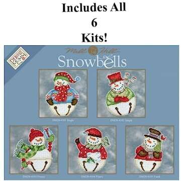 Debbie Mumm Snowbells Snowmen (2014) Cross Stitch Ornament Kits Set of 5 with 'Needleworker' Sticker