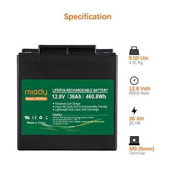 Miady 12V 36Ah Lithium Phosphate Battery, 2000+ Cycles LiFePO4 Replacement Batteries for Solar Power...