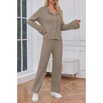 Cakulo Womens 2 Piece Outfits 2024 Lounge Sets Button Cardigan Knit Sweater Pants Loungewear Matching Set