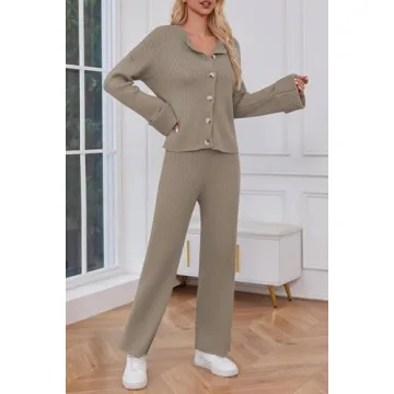 Cakulo Womens 2 Piece Outfits 2024 Lounge Sets Button Cardigan Knit Sweater Pants Loungewear Matching Set