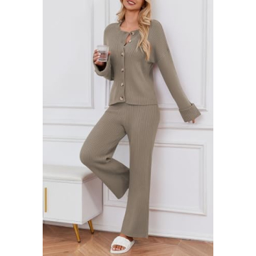 Cakulo Womens 2 Piece Outfits 2024 Lounge Sets Button Cardigan Knit Sweater Pants Loungewear Matching Set