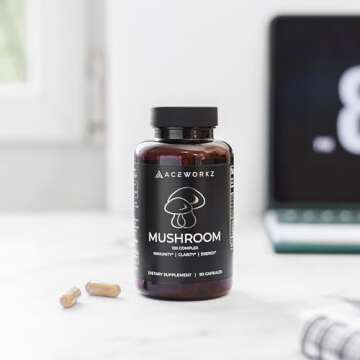 ACEWORKZ 10 Mushroom Complex Supplement - Lions Mane, Reishi and Cordyceps & More - Nootropic for Brain Health, Memory & Focus - Immunity & Energy (90 Capsules)