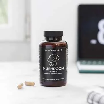 ACEWORKZ 10 Mushroom Complex Supplement - Lions Mane, Reishi and Cordyceps & More - Nootropic for Brain Health, Memory & Focus - Immunity & Energy (90 Capsules)