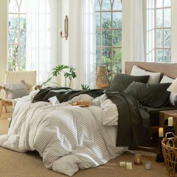 MooMee Bedding Sheet Set 100% Washed Cotton Linen Like Textured Breathable Durable Soft Comfy (Olive Green, Queen)