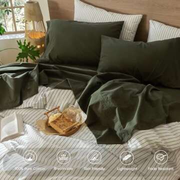 MooMee Bedding Sheet Set 100% Washed Cotton Linen Like Textured Breathable Durable Soft Comfy (Olive Green, Queen)