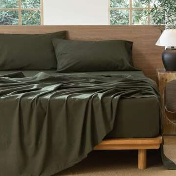 MooMee Bedding Sheet Set 100% Washed Cotton Linen Like Textured Breathable Durable Soft Comfy (Olive Green, Queen)