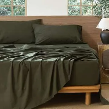 MooMee Bedding Sheet Set 100% Washed Cotton Linen Like Textured Breathable Durable Soft Comfy (Olive Green, Queen)