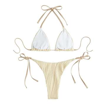 SweatyRocks Women's 2 Piece Halter Top Ribbed Triangle Bikini Bathing Suit in Khaki