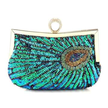 Peacock Evening Bags Clutch Purse for Women Bead Sequins Vintage Purses Crossbody Handbags with Detachable Chains(Green5)