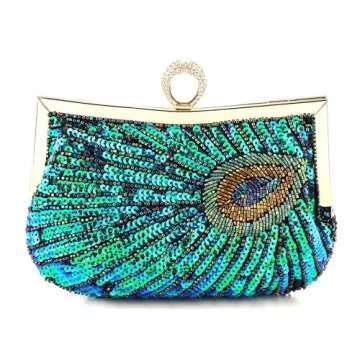 Peacock Evening Bags Clutch Purse for Women Bead Sequins Vintage Purses Crossbody Handbags with Detachable Chains(Green5)
