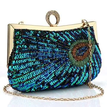 Peacock Evening Bags Clutch Purse for Women Bead Sequins Vintage Purses Crossbody Handbags with Detachable Chains(Green5)