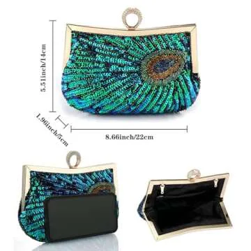Peacock Evening Bags Clutch Purse for Women Bead Sequins Vintage Purses Crossbody Handbags with Detachable Chains(Green5)
