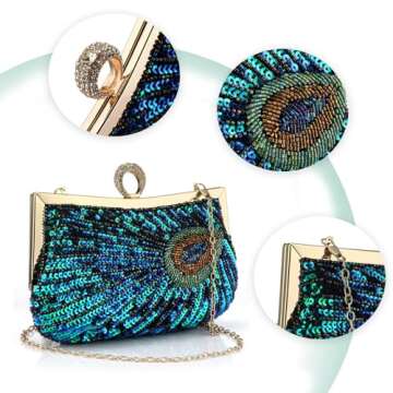 Peacock Evening Bags Clutch Purse for Women Bead Sequins Vintage Purses Crossbody Handbags with Detachable Chains(Green5)