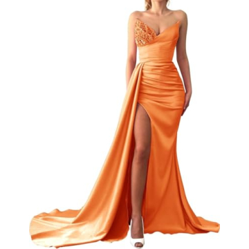 Tidinesslife Women's Satin Strapless Mermaid Sequin Prom Dress with Slit Long Beaded Evening Gown Or...
