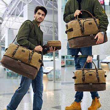 Nerlion Weekender Bag with Shoe Compartment Large Overnight Bag for Men Canvas Genuine Leather Carry...