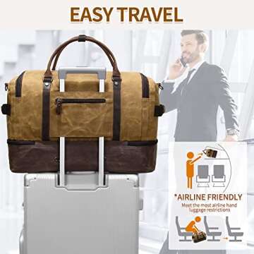 Nerlion Weekender Bag with Shoe Compartment Large Overnight Bag for Men Canvas Genuine Leather Carry on Luggage Bag Travel Duffel Bag(Brown)