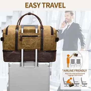 Nerlion Weekender Bag with Shoe Compartment Large Overnight Bag for Men Canvas Genuine Leather Carry on Luggage Bag Travel Duffel Bag(Brown)