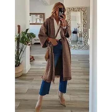 miduo Womens Fashion Winter Long Sleeve Open Placket Oversized Plaid Long Cardigans Coats JACKETS Ta...