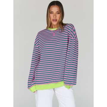 Trendy Queen Oversized Sweatshirt for Women 2025 Summer Crewneck Striped Long Sleeve Shirts Hoodies ...