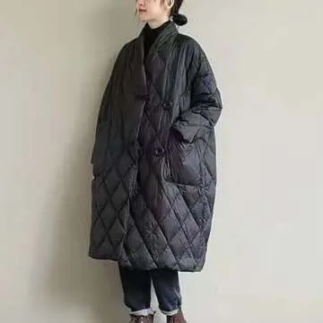 Women Long Baggy Winter Puffer Coats Collarless Cotton-Padded Jacket Button Long Sleeve Pockets Warm Quilted Outerwear