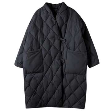 Women Long Baggy Winter Puffer Coats Collarless Cotton-Padded Jacket Button Long Sleeve Pockets Warm Quilted Outerwear