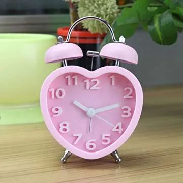 Monicca US 3in 3D Dial Loud Twin Bell Alarm Clock Silent Analog Quartz Nightlight Clock Heart Shape Pink