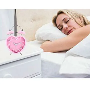 Monicca US 3in 3D Dial Loud Twin Bell Alarm Clock Silent Analog Quartz Nightlight Clock Heart Shape Pink