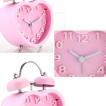 Monicca US 3in 3D Dial Loud Twin Bell Alarm Clock Silent Analog Quartz Nightlight Clock Heart Shape Pink