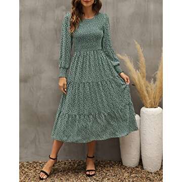 Zattcas Long Sleeve Dress for Women Fall Smocked Flowy Floral Tiered Midi Dress Green XL