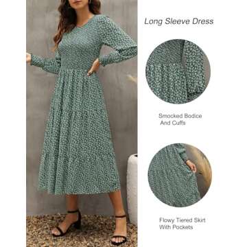Zattcas Long Sleeve Dress for Women Fall Smocked Flowy Floral Tiered Midi Dress Green XL
