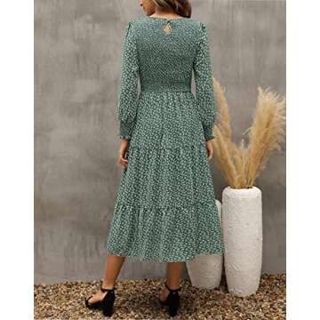 Zattcas Long Sleeve Dress for Women Fall Smocked Flowy Floral Tiered Midi Dress Green XL
