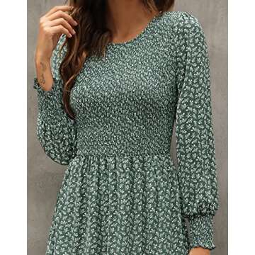 Zattcas Long Sleeve Dress for Women Fall Smocked Flowy Floral Tiered Midi Dress Green XL