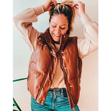 UANEO Womens PU Leather Cropped Puffer Vest - Stylish Winter Layering
